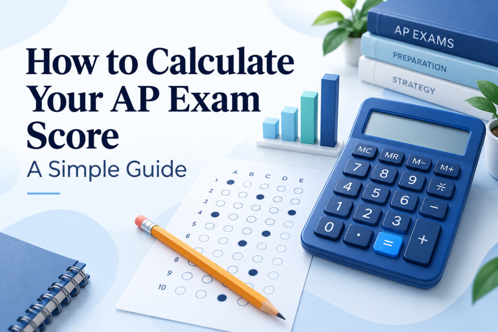 AP exam score guide with a blue calculator, answer sheet and pencil